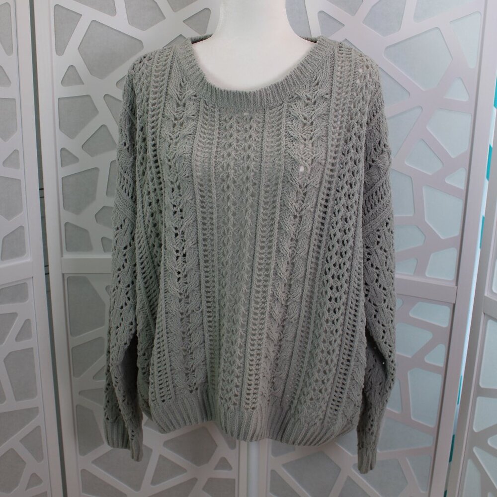 Easel Long Sleeve Boxy Pullover Knitted Sweater Grayish Green Medium